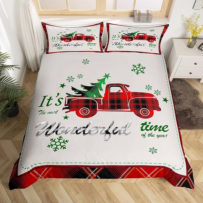 Manfei Xmas Truck Duvet Cover Set Queen Size, Christmas Tree Snowflake Print Bedding Set 3pcs for Kids Boys Girls Bedroom Decor, Red Plaid Print Comforter Cover with 2 Pillowcases,No Comforter