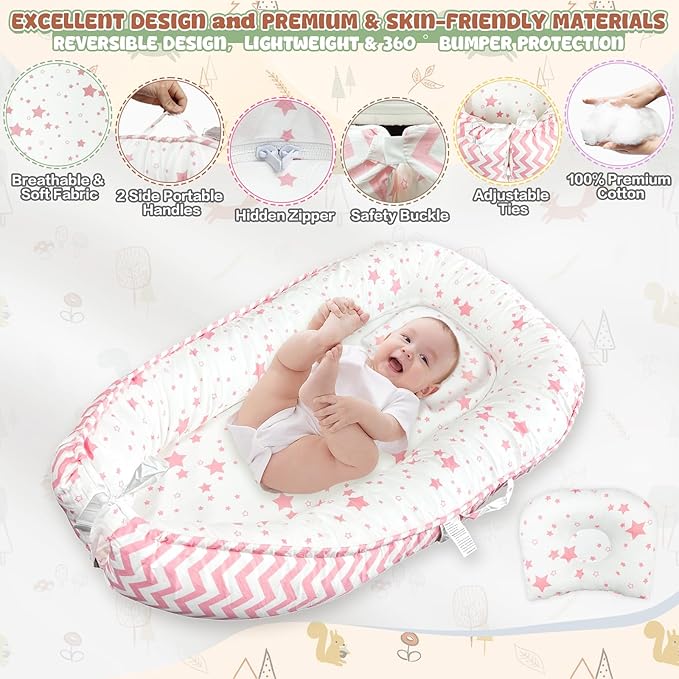 JIFTOK Baby Nests Lounger for Newborn, Snuggle Bassinet for 0-24M, Breathable Portable Co Bed, Baby Essentials Adjustable Infant Soft Cotton Loungers for Home & Travel -Pink Star