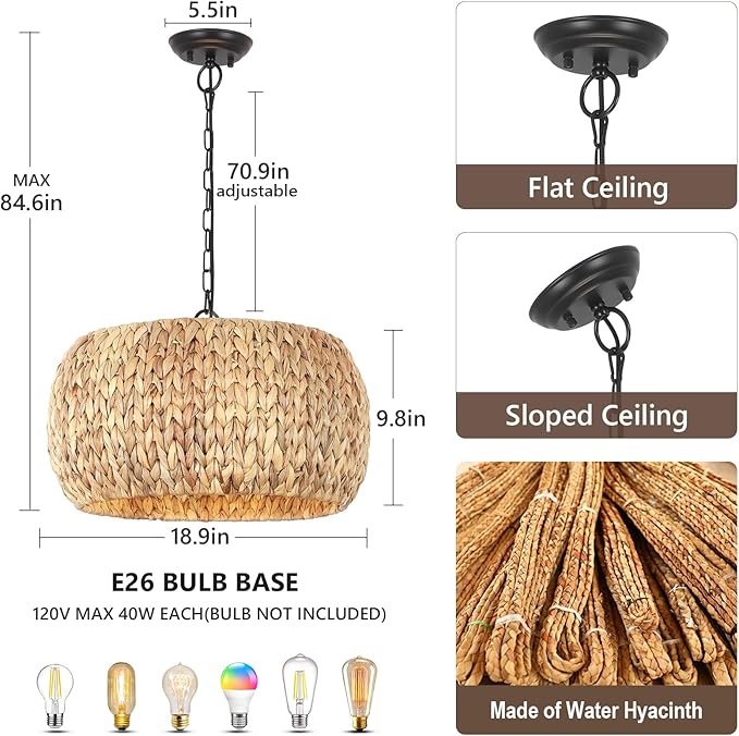 Farmhouse Boho Chandelier, 5-Light with Water Hyacinth Lampshade, for Dining Room, Kitchen Island, Bedroom, Living Room