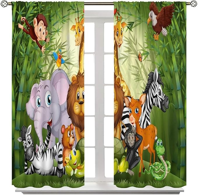 Cartoon Animal Curtains, Cute Animals Bamboo Forest Blackout Window Treatments, Rod Pocket Thermal Insulated Drapes 2 Panel Sets for Kids Room Nursery Classroom, 52" W X 84" L