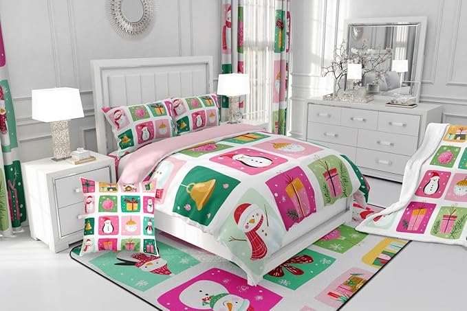 Feelyou Happy New Year Bedding Set Soft for Boys Girls, Christmas Decor Comforter Set Toddler Size Merry Christmas Duvet Quilt Microfiber Winter Penguin Bedroom Decor 2 Pcs with 1 Pillow Cases