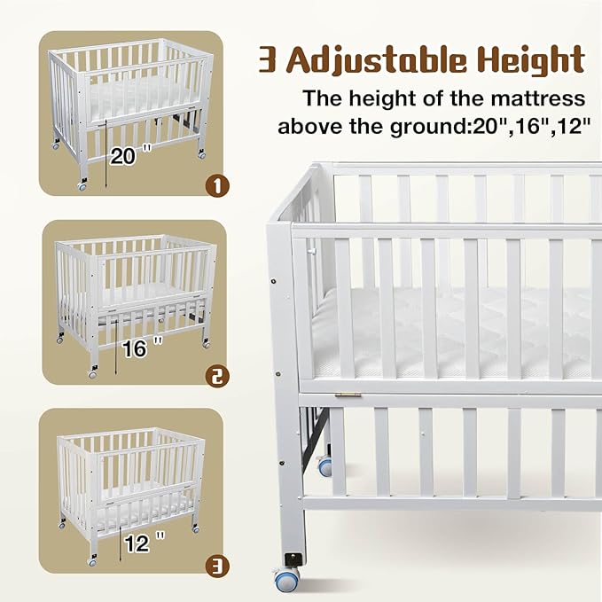 Portable Mini Baby Crib - Pine Wood Foldable 4-in-1 Baby Crib with Mattress,Portable Bedside Bassinet Sleeper,3 Adjustable-Height Baby Cribs for 0-18 Months,White