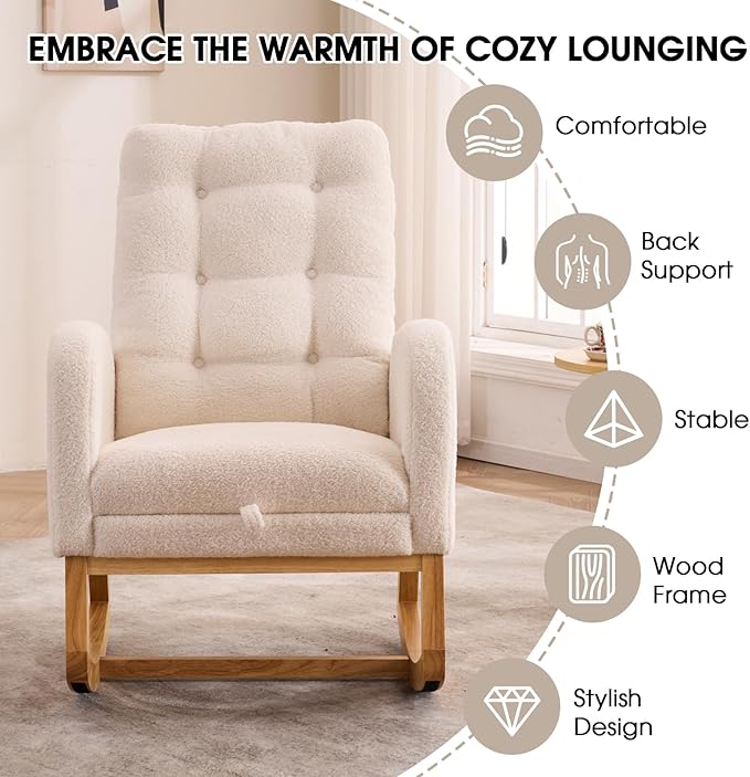 NIOIIKIT Nursery Rocking Chair, Linen Upholstered Glider Chair with Footrest, Tufted Rocker Recliner with Side Pocket, Comfy Recliner Glider, Accent Chair for Living Room (Beige Teddy)