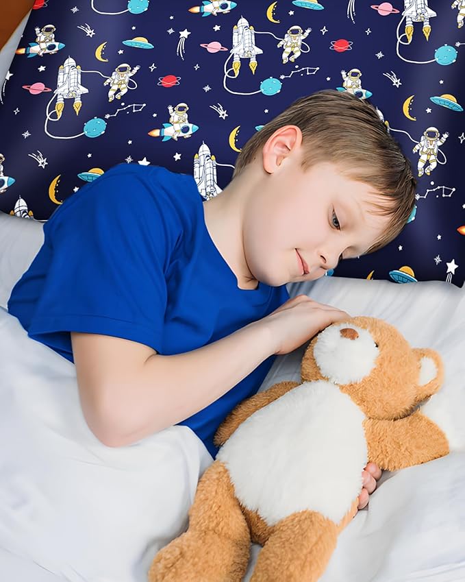 Silk Pillowcase for Kids - 30 x 20 Inches Queen Size Mulberry Silk Pillow Case with Zipper Cute Cartoon Kawaii Teens Girls Boys Pillowcase for Hair and Skin, Planet Stars