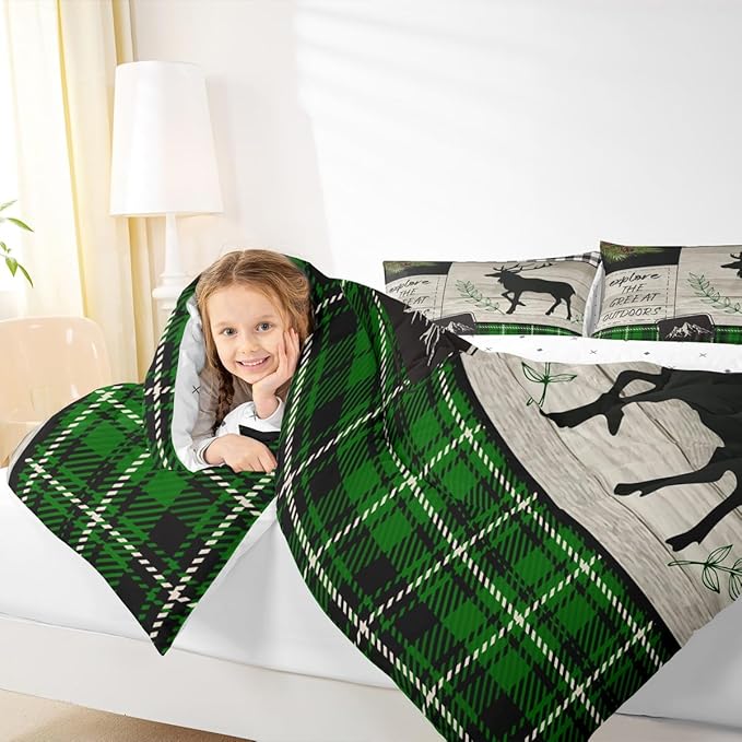 Elk Silhouette Kids Comforter Set Full Size,Palm Leaves Old Plank Bedding,Girls Boys Adults Bedroom/Xmas Cabin Decor,Camper Explore Down Comforter,Geometric Grids Plaid Duvet Insert,2 Pillowcases