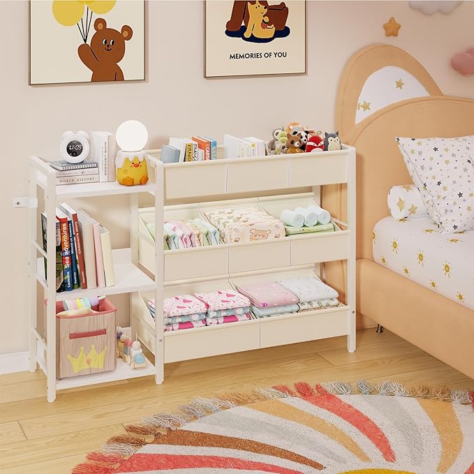 B7 Toy Storage Organizer with 3-Tier Wooden Shelves and 8 Bins, Toy Chest Storage, Toy Shelf Organizer, Kids Bookshelf and Toy Storage for Kids Room, Bedroom, Playroom, Nursery, White