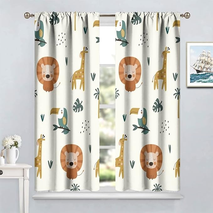 Cute Lion Window Curtains for Kids Bedroom,Cartoon Woodland Jungle Forest Wildlife Little Lion Giraffe Owl Palm Tree Printed Pattern Blackout Drapes for Living Room Baby Nursery Room 63x63in