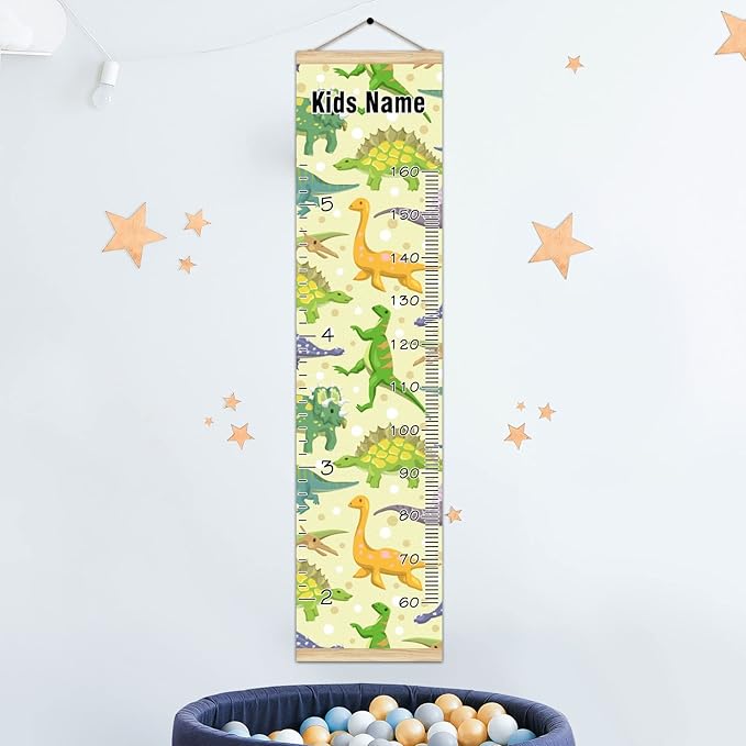 Personalized Kids Name Growth Chart Ruler for Wall Wood Frame Height Measure Chart 13.4x56 in Linen Hanging Height Growth Chart Cartoon Dinosaur Animal Kids Room Decor