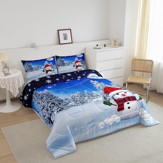 Feelyou Christmas Comforter Set Snowman Decorations Bedding Set for Kids Boys Girls Xmas Winter Decor Blue Quilt Room 3Pcs Queen Size