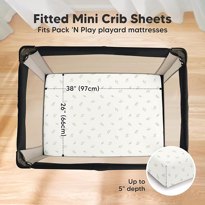 2-Pack Pack and Play Sheets, Waterproof Mini Crib Sheets Fitted - Organic Cotton Pack N Play Sheets for Graco Pack and Play Mattress, Playard Baby Crib Sheets, Neutral for Boy, Girl, Toddler (Herb)