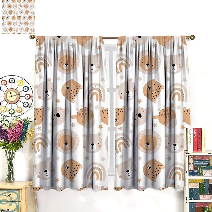 Cartoon Boho Animal Curtains,Funny Forest Safari Print,Cute African Wildlife Koala Giraffe Lion Leopard Bear Rainbow Blackout Window Drapes for Boys Girls Kids Baby Child Bedroom 42x54 Inch