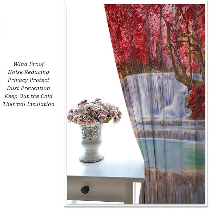 Natural Landscape Waterfall Blackout Curtains, Scenic View Waterfall Forest Autumn Window Drapes, for Bedroom Living Room 72" W X 63" L