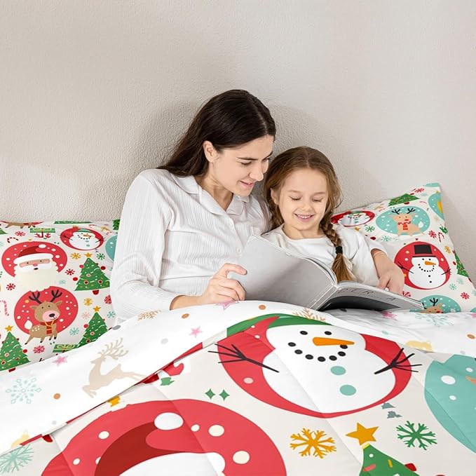 Feelyou Christmas Bedding Set Soft for Boys Girls, Santa Snowman Comforter Set King Size Deer Xmas Tree Duvet Quilt Microfiber Snowflake Bedroom Decor 3 Pcs with 2 Pillow Cases