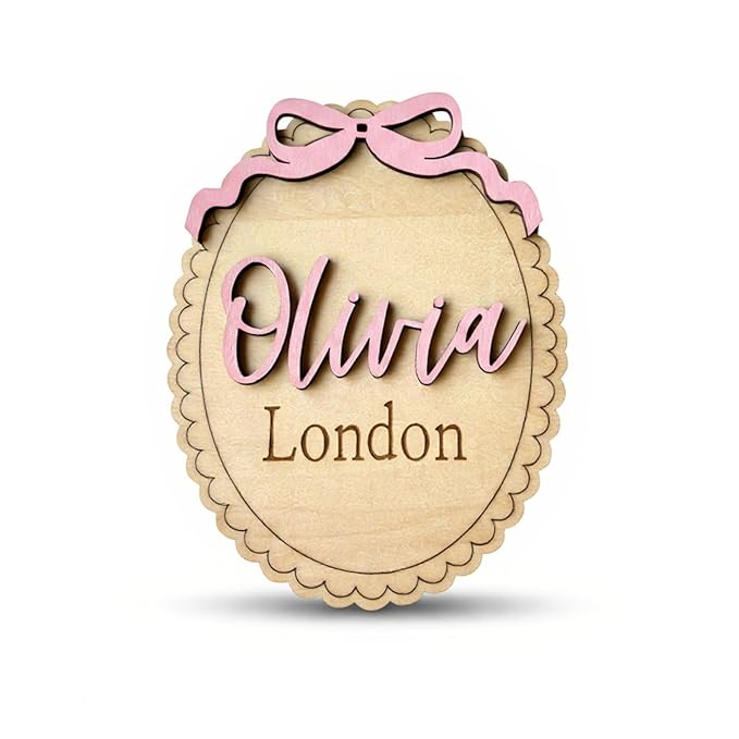 Personalized Baby Name Announcement Sign with Bow, Custom Wooden Name, Scalloped Edge Newborn Photo Prop & Nursery Keepsake (Name Sign)
