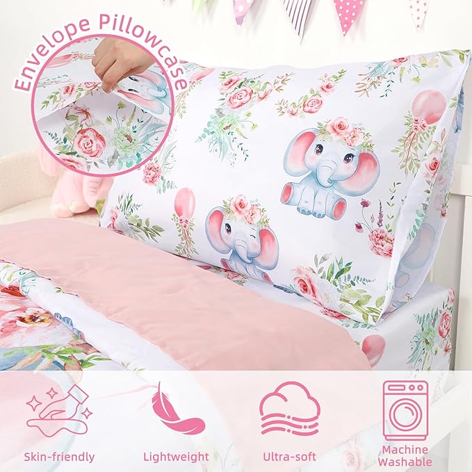 Toddler Bedding Set for Girls, Kids Comforter Set Pink Reversible, Ultra Soft & Lightweight Crid Bedding Set Includes Comforter, Flat Sheet, Fitted Sheet, Pillowcase (Elephant)