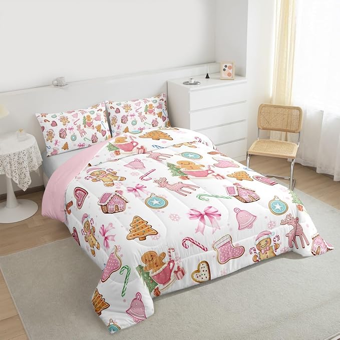 Cute Bow Tie Kids Comforter Set Queen Size,Pine Tree Merry Christmas Elk Deer Bedding Set,Room Decor,Bowknot Gingerbread Man Snowflake Quilt,Pink Colorful Duvet Set Bedroom Quilt Set,2 Pillowcases