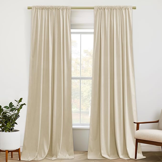 StangH Beige Velvet Curtains 94 inches Long Back Tab Soft Thermal Insulated Light Filtering Window Drapes Privacy Home Decor for Bedroom Living Room, W52 x L94, 2 Panels