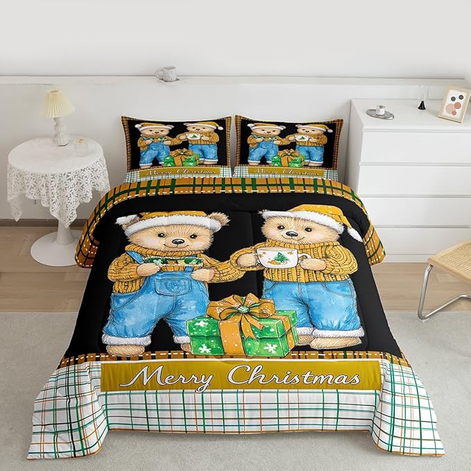 Feelyou Merry Christmas Comforter Set All Season Cute Bear Bedding Set with 1 Pillow Cases Microfiber Kids Toddler Bedclothes Winter Bedroom Decor Duvet Quilt Breathable Soft