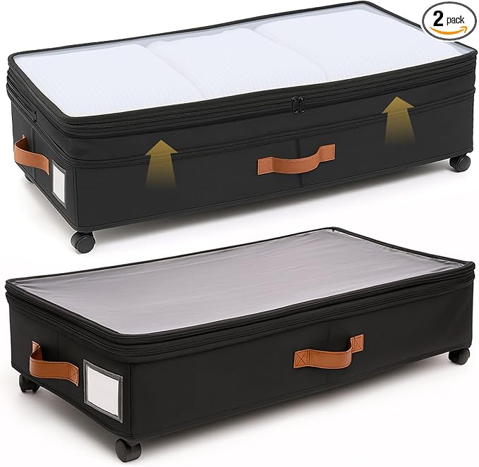 AVOKIHI Under Bed Storage Containers with Wheels 2-Pack, 60L Large Underbed Organizer Box for Clothes, Blankets & Shoes, 9.5 Inch Adjustable Height Under the Bed Storage Bin with Clear Top (Black)