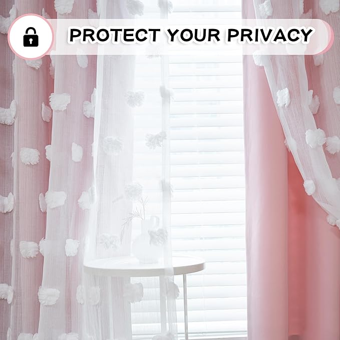 MYSKY HOME Light Blocking Pink Curtains for Living Room White Sheer Pom Pom Kids Room Decor Drapes 108 Inches Long Double Layer Curtain for Sliding Door Grommet Window Panels Set of 2 52" x 108"