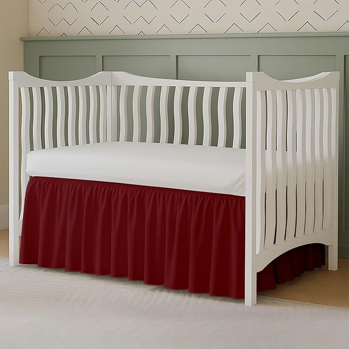 Crib Bed Skirt Dust Ruffle with Split Corners, 100% Cotton, Burgundy Nursery Crib Skirt for Baby Boys or Girls, 28x52, 14" Drop, Toddler Bed Skirt, Baby Bedding, Crib Sheet Skirt, Soft & Breathable