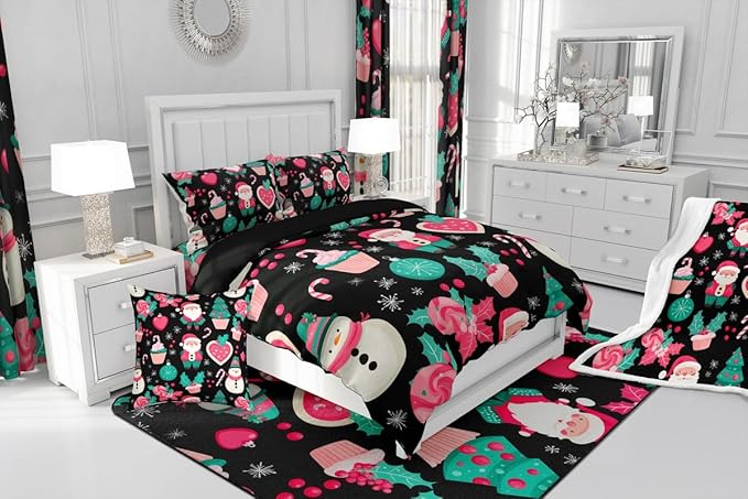 Feelyou Christmas Decor Comforter Set Twin Size Pink Santa Claus Bedding Set for Kids Boys Girls New Year Gift Duvet Quilt Snowman Bedroom Decor Microfiber 2 Pcs with 1 Pillow Cases