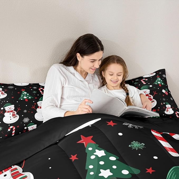 jejeloiu Kids Cute Winter Snowman Comforter Set Toddler Christmas Theme Bedding Set for Boys Girls Teens Xmas Candy Cane Snowflake Happy New Year Duvet Quilt Room Decor