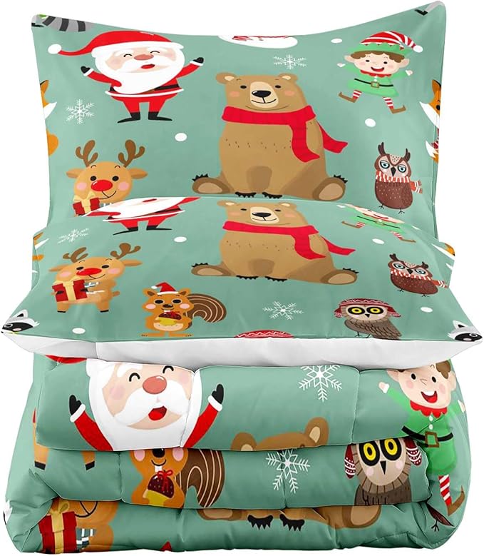 LUVIVIHOME 3PCS Merry Christmas Comforter Set King Size, Boys Girls Kids Bedding, Green Quilt, Funny Cute Cartoon Santa Claus Elf Owl Elk Reindeer Squirrel Xmas Christmas Bedroom Decor, 2 Pillow Shams