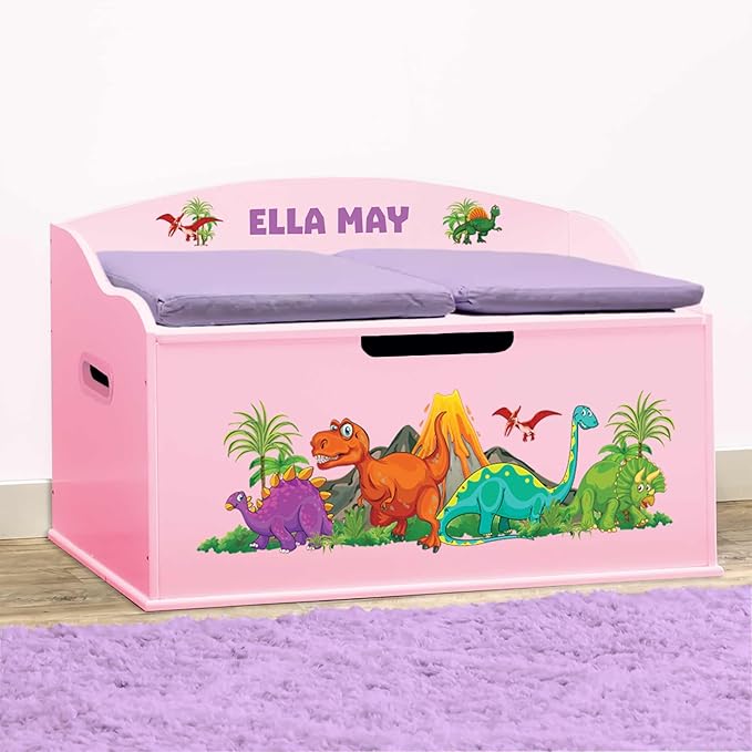 DIBSIES Personalized Creative Wonders Toy Box, Dinosaurs, 30 x 19.25 x 18 inches, Soft-Close Lid (Pink)