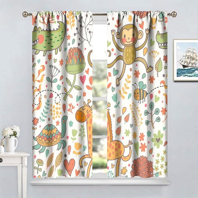 Cute Monkeys Curtains, Zoo Theme Cartoon Funny Animals Crocodile Giraffe Turtle with Flowers Print Thermal Insulation Window Drapes for Kids Boys Girls Baby Bedroom Living Room 63x72in