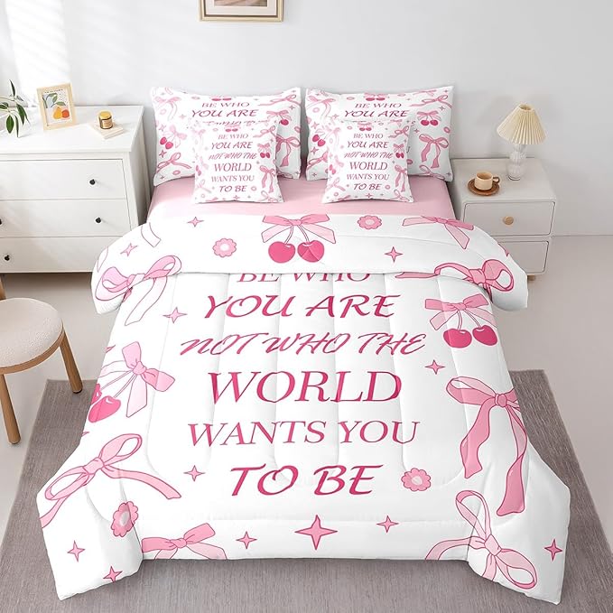 7 Pieces Pink Bowknot Kids Comforter Set Full,Cherry Tropical Fruit Cute Princess Bedding Set,Bow Tie Stars Daisy Floral Romantic（Comforter+Fitted+Flat Sheet+2 Pillowcases+2 Throw Pillow Covers）