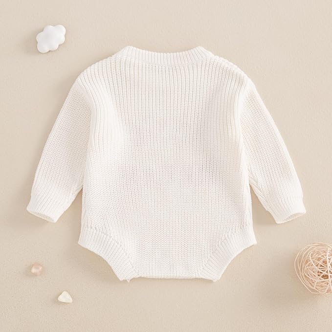 Lesimsam Newborn Baby Boy Girl Valentines Day Outfit Oversized Embroidery Long Sleeve Knit Sweater Bubble Romper Bodysuit