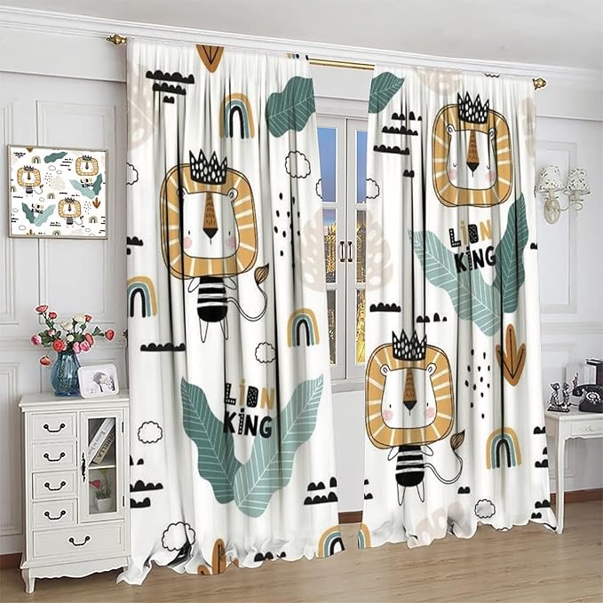 Cartoon Little Lion King Window Curtains for Baby Child,Cute Funny Forest Animals,Tropical Jungle Leaves Wildlife Boho Rainbow Print Blackout Drapes for Nursery Boys Girls Kids Bedroom 42x63in