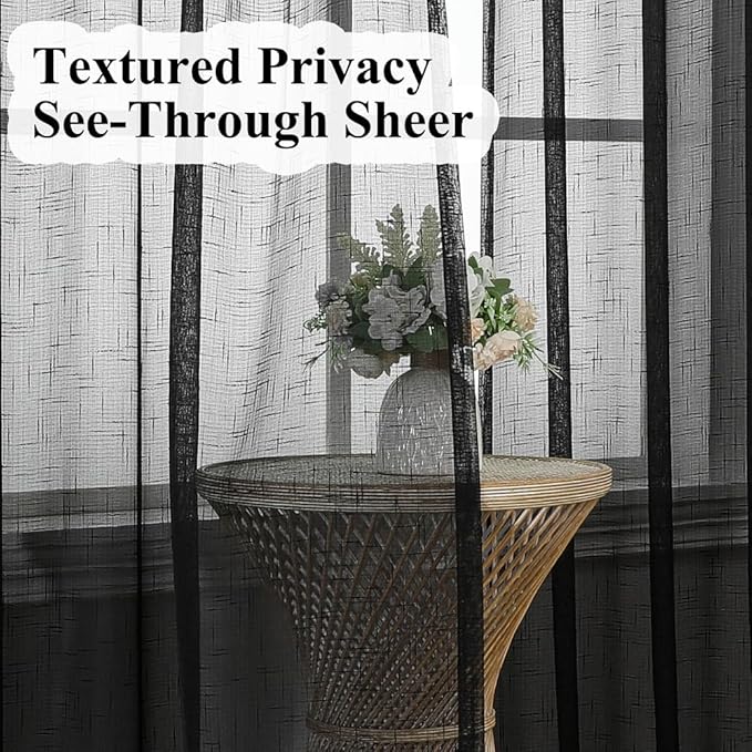 Black Linen Look Sheer Curtains 96 Inches Long 2 Panels, Rustic Textured Light Filtering Drapes, Dark Moody Window Decor, Pinch Pleat Curtain with Hooks