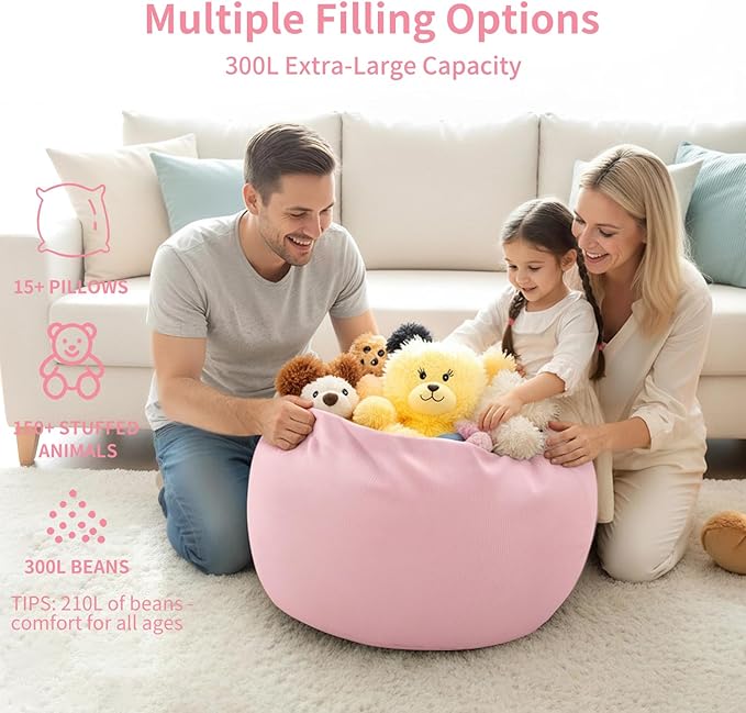 Nobildonna 3 ft Bean Bag Chair Cover (No Filler) 35"×43" Large Stuffed Animal Storage Bean Bag Washable Big Beanbag Chair Cover Premium Corduroy Stuffable Bean Bag Cover for Adults,Kids,Pink 300L
