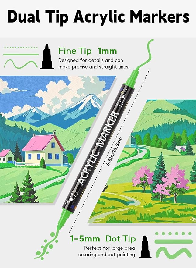36 Colors Acrylic Paint Pens,Acrylic Paint Markers Dual Tip with Fine Tip and Dot Tip,Dot Marker for Kids Adults, Glass, Stone, Wood, Canvas, Paper, Pottery