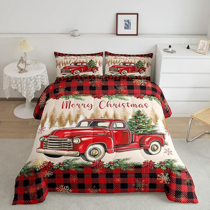 Erosebridal Merry Christmas King Bedding Set Red Truck Comforter Sets for Kids Boys Girls Teens Room Decor,Xmas Tree Down Comforter Red Black Buffalo Plaid Decor Bed Set Car Printed Themed Quilt Set