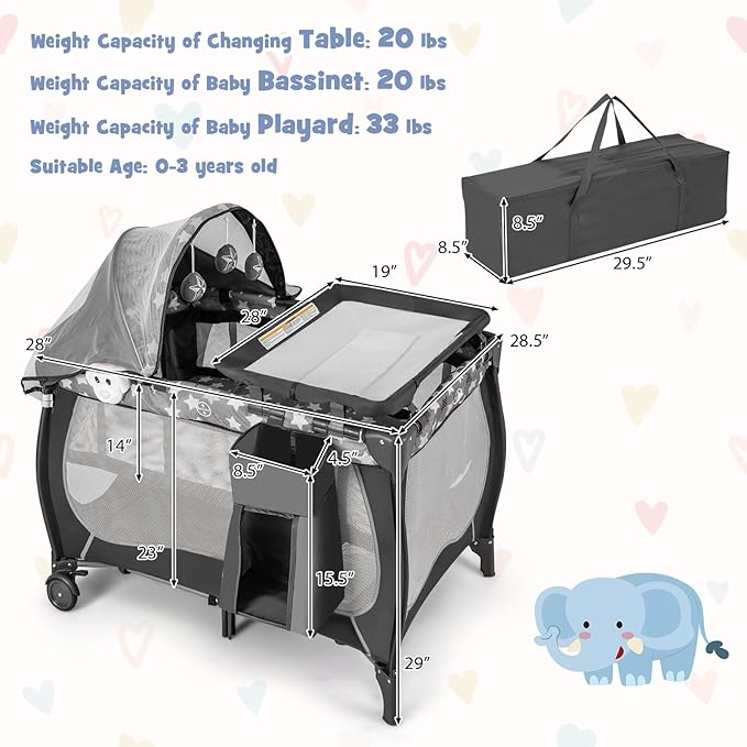 BABY JOY 4 in 1 Pack and Play, Portable Baby Playard with Bassinet, Adjustable Canopy, Changing Table, Lockable Wheels, Music Box, Travel Baby Crib Bassinet from Newborn to Toddler