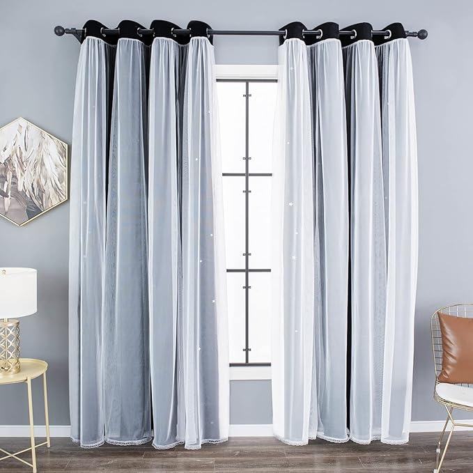 Kinryb Black Star Cutout Blackout 84 Inches Curtains Double Layer with Sheer Overly Curtains for Bedroom Thermal Insulated Window Treatment Set with 2 Free Tiebacks (52W x 84L 2 Panels Black)