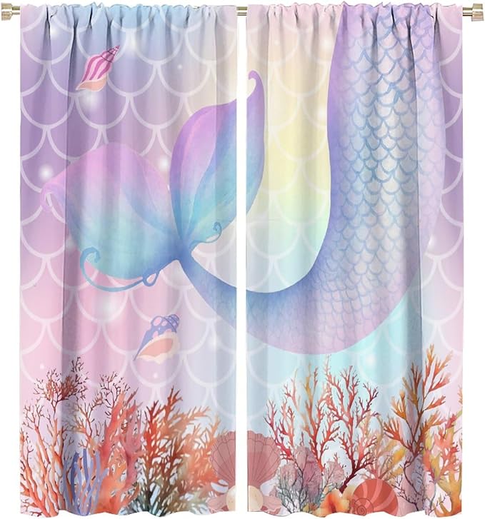 Dream Mermaid Curtains Colorful Mermaid Fish Tail Scale Fantasy Ocean Theme Beautiful Kids Window Treatment for Girls Bedroom Nursery Room Decor Rod Pocket Window Drapes 55x63in