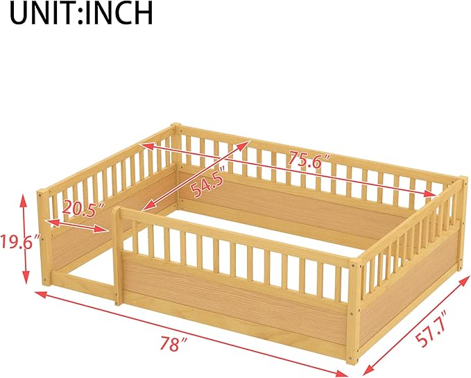 Bellemave Full Floor Bed with high Rails for Kids, Girls, Boys, Wood Montessori Floor Bed Without Door, Natural