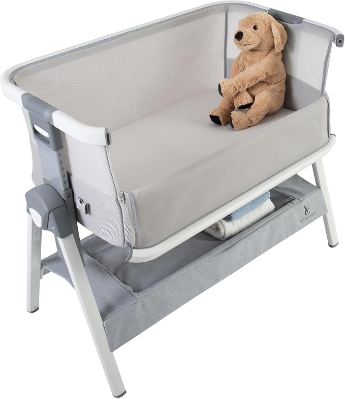 Venice Child California Dreaming Bedside Crib Bassinet w/Travel Case, Bamboo Bassinet Sheet, Removable Bamboo Compressed Cotton Mattress, Height Adjustable, Easy Clean (Gray)