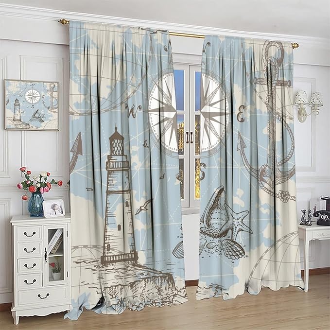 Nautical Theme Window Draperies, Pirate Sailboat Curtains for Bedroom & Living Room, Ocean Window Treatment - 2 Panels, 55x63 Inches