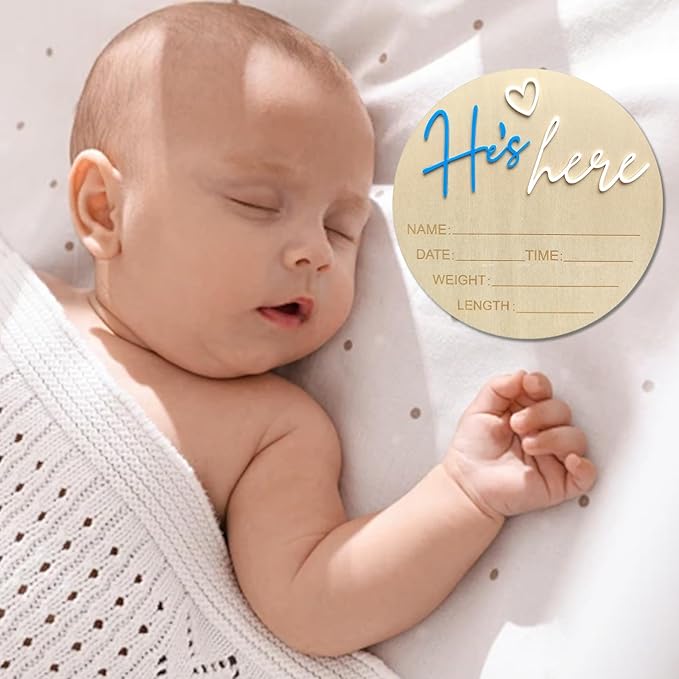 Baby Announcement Sign, 5.9 Inch Wooden Hello World Newborn Signs, Birth Announcement Sign, Gender Reveal Signs, He's here Decoration, Welcome Newborn Arrival To World, Hospital Nursery for Baby (Dark blue He's)