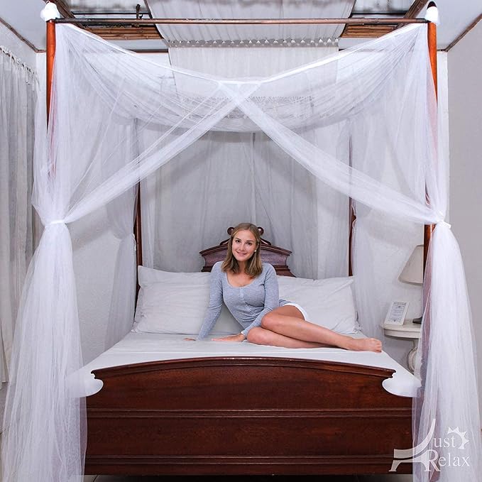 Just Relax Four Corner Post Elegant Mosquito Net Bed Canopy Set, White, Full/Queen/King, 86.6x78.7x98.4 Inches