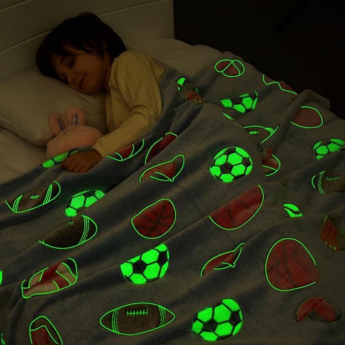 inhand Soccer Glow in The Dark Blanket Football Blanket Soccer Gift Toys for Boys Girls Teen Soft Cozy Kids Throw Blanket Bedroom Decor,Christmas Easter Birthday （Blue 50"x60"）