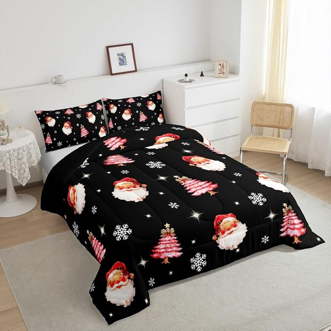 jejeloiu Kids Christmas Theme Comforter Set Full Size Xmas Tree Cute Santa Claus Bow Bedding Set for Boys Girls Teens Winter Snowflake Happy New Year Duvet Quilt Room Decor