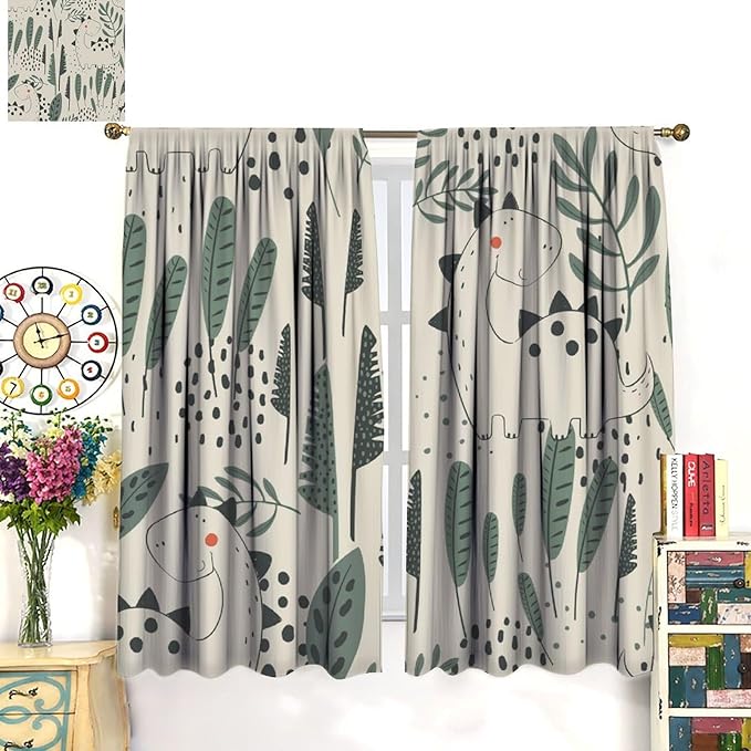 Dinosaur Curtains, Cute Dino Tropical Leaves Plant Beige Green Blackout Window Treatments, Rod Pocket Thermal Insulated Drapes 2 Panel Sets for Children Bedroom Nursery Classroom, 84" W X 84" L