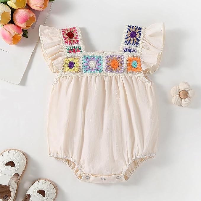Gaono Newborn Baby Girl Smocked Bubble Romper Cute Boho Summer Clothes Ruffle Sleeveless Crochet Flower Vintage Bodysuit