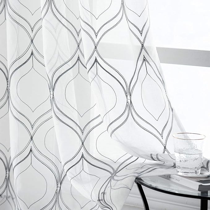 VISIONTEX White Sheer Curtains 84 Inches Long 2 Panels Set Grey Moroccan Embroidered Curtains Trellis French Textured Rod Pocket Voile Tulle Semi Window Drapes for Bedroom Living Room 54 x 84 Inches